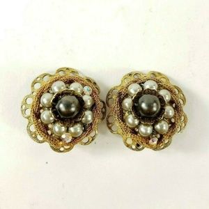 Vintage Cluster Metal Mesh Beaded Clip On Earrings